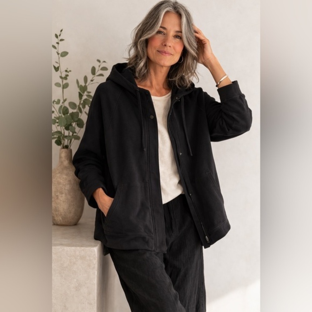 Eileen Fisher Organic Cotton Interlock Hooded Jacket Black Size S